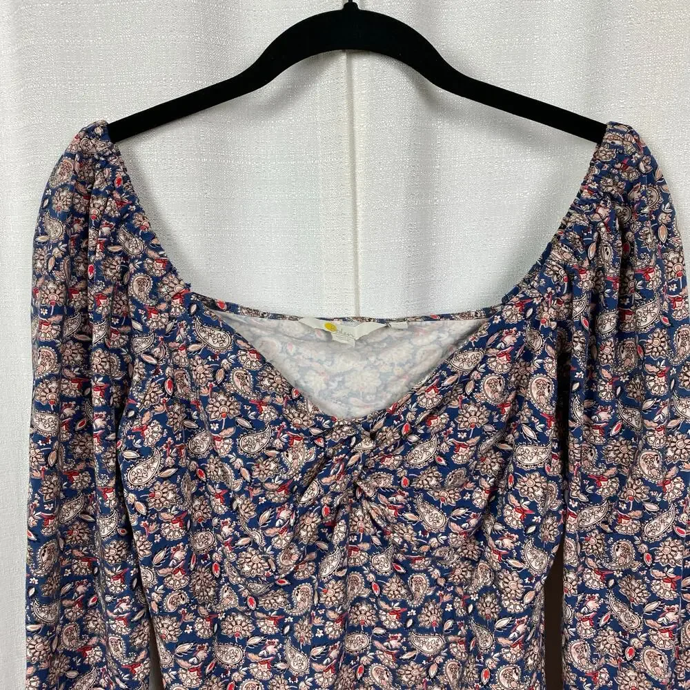 Boden Blue&Pink Paisley Puff Sleeve Sweetheart Neckline Jersey Top Sz.8